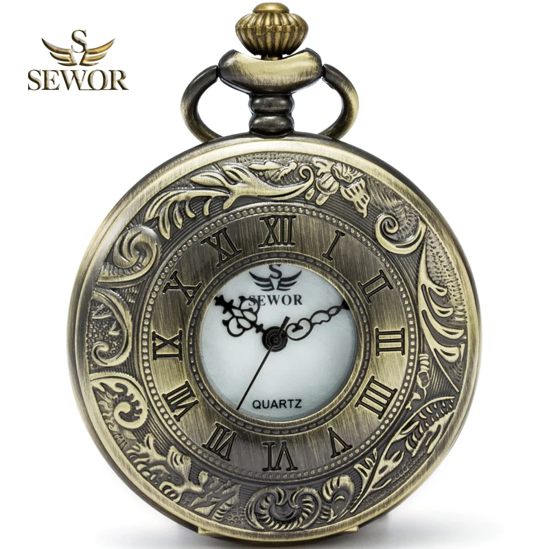 

SEWOR Fashion Dial Reflective Color Bronze Enamel Flower Design Dual Display Flip cover Quartz Pocket Watch White Dial C159