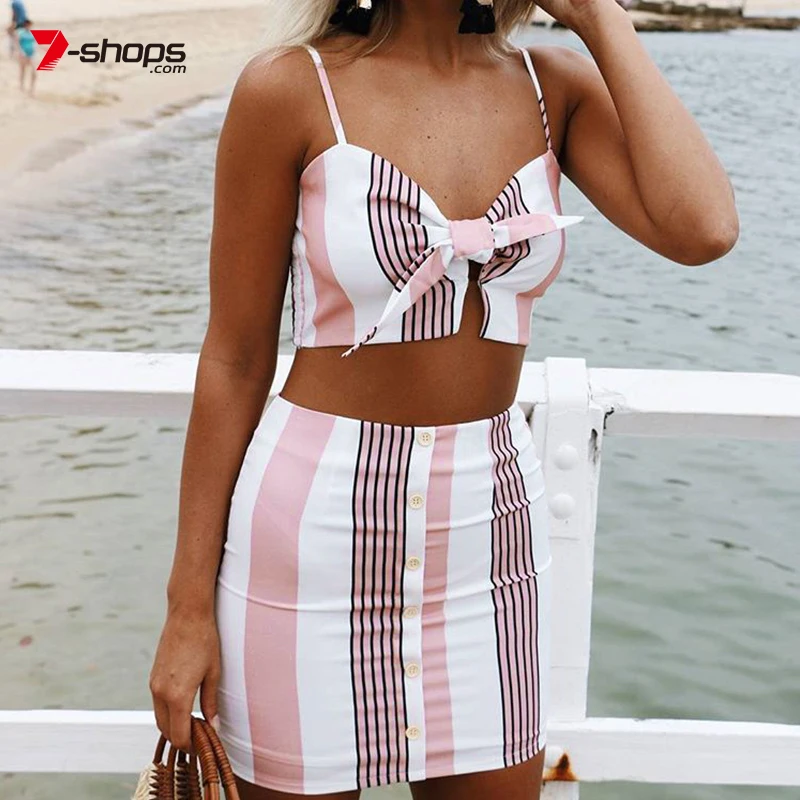 

Women Two Piece Skirt Set Striped Bow Short Top And Mini Skirt Crop Beach Sexy Hips Skirt With Button Crop Top Body Suit