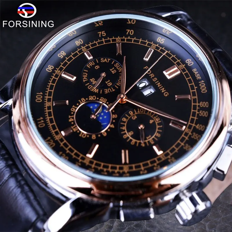 Forsining Moon Phase Шанхай часовой механизм розовое золото чехол коричневый Натуральная кожа ремешок мужские часы лучший бренд класса люкс Auotmatic часы - Цвет: Black