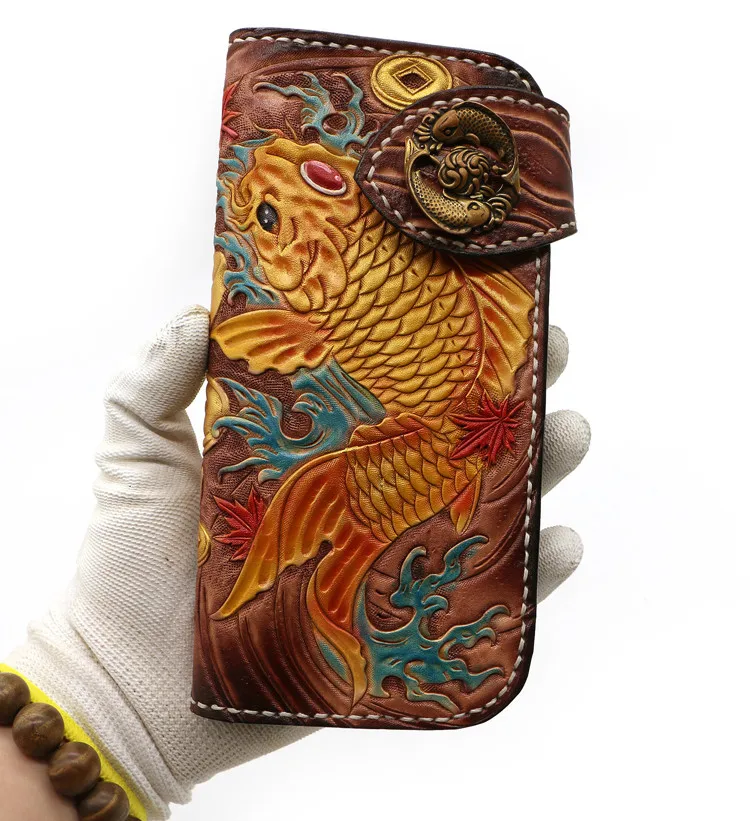 Бумажники из натуральной кожи ручной работы сумочка с резьбой на удачу для карпа