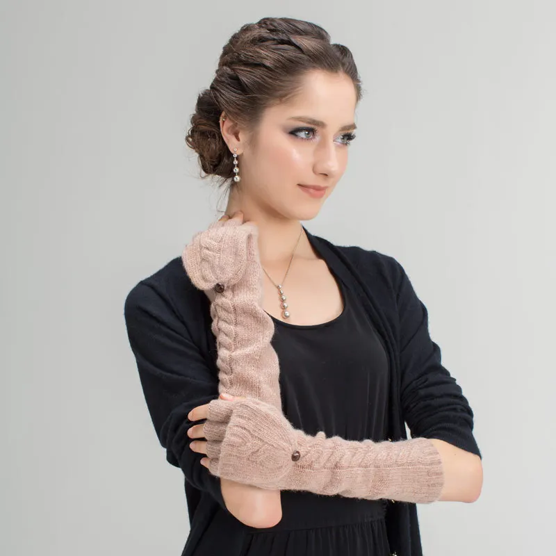 

Women Cashmere Knitted Long Gloves Camel Autumn Arm Warm Fingerless w/Cover Wool Thick Gloves Winter Fashion Sleeve Mittens
