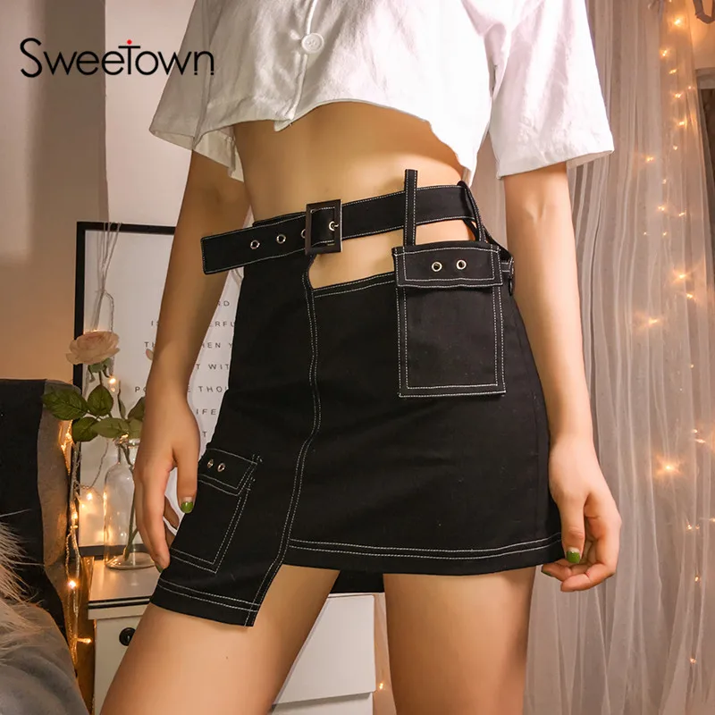 Sweetown открытая юбка в стиле панк с высокой талией летняя уличная Корейская Стильная Женская Асимметричная прямая мини-юбка с поясом