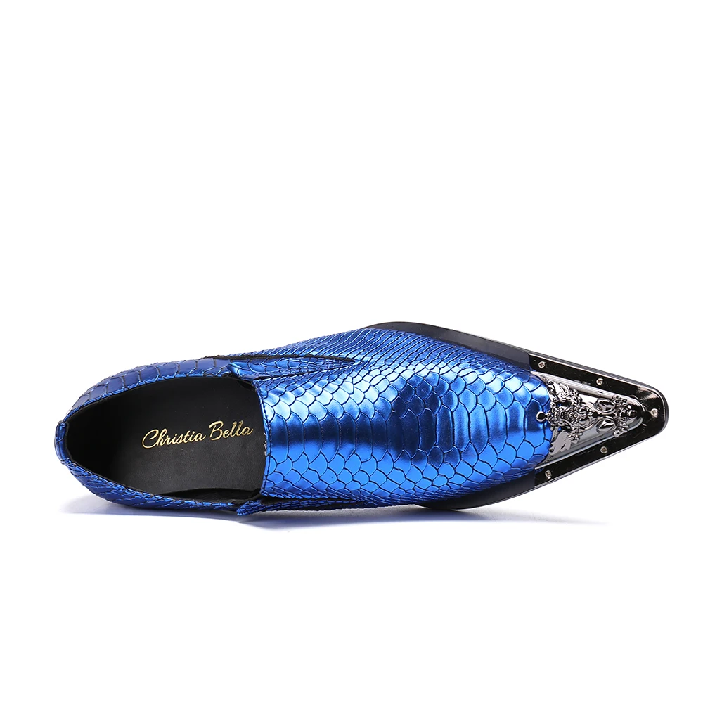 Christia Bella New Fashion Blue Men Genuine Leather Shoes Snake Pattern Wedding Dress Slip on Party Formal Big Size | Обувь