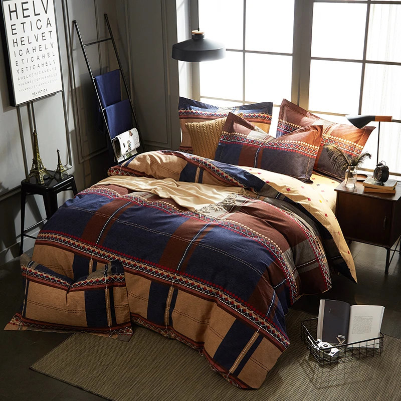 

coffee blue stripe plaid Sanding 100% cotton luxury bedding set king queen bed set duvet cover set pillowcase bed sheet set 4pcs
