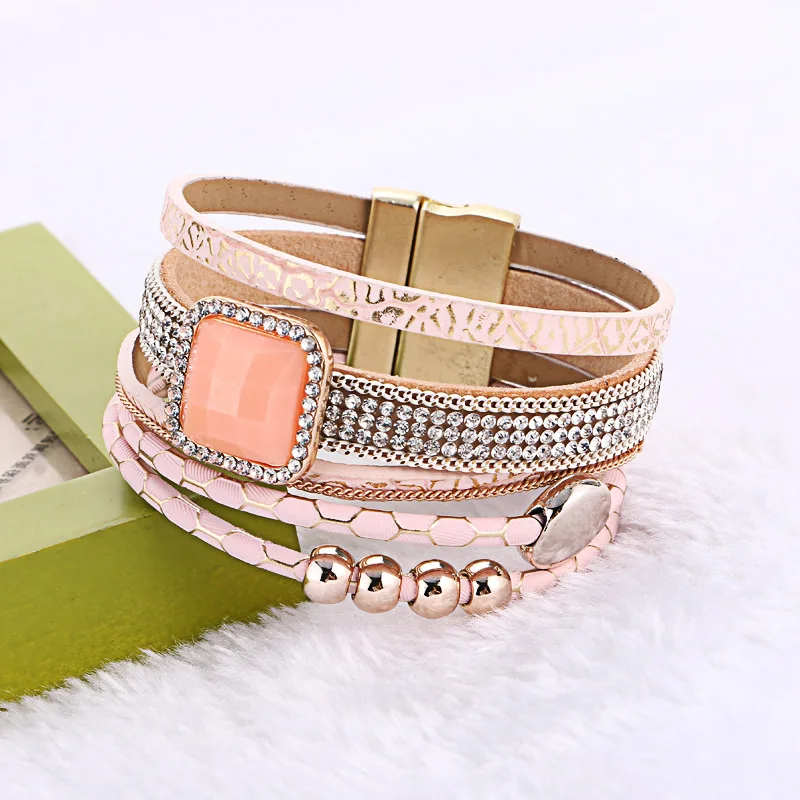 Женский многослойный браслет широкая Магнитная застёжка кожаный и ручной работы