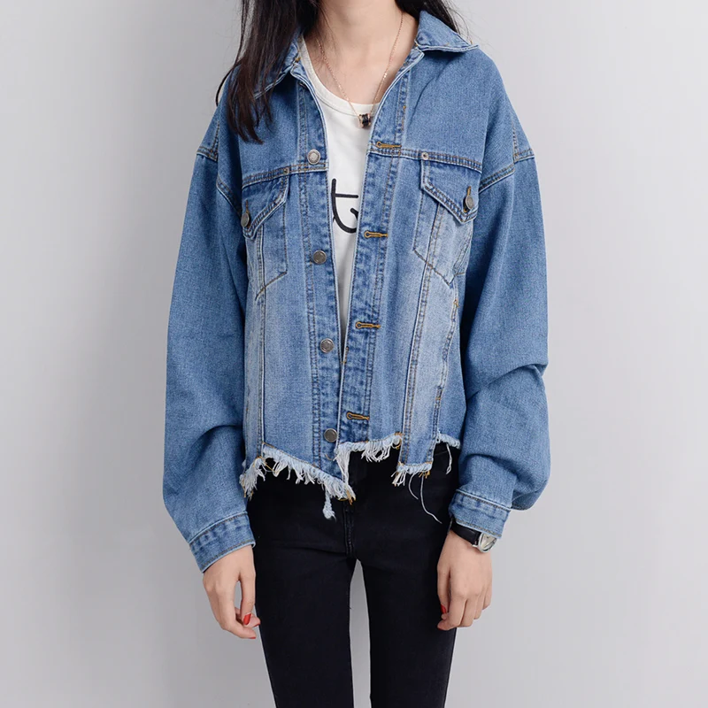 Vetevidi Autumn winter new bite tassel hem loose bat sleeve denim jacket female 6985# | Женская одежда