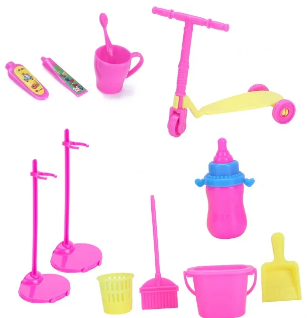 1шт. Пластиковый велосипед + 1шт. Детская тележка + 6 пар обуви для Барби + 7 предметов кухонной утвари в подарок для девочек.