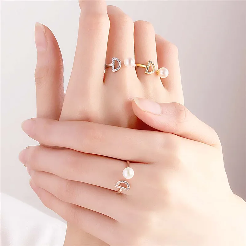 

CLUCI 925 Sterling Silver Rose Gold Ring for Women Jewelry Silver 925 Pearl Ring Mounting Adjustable D Letter Ring SR2240SB