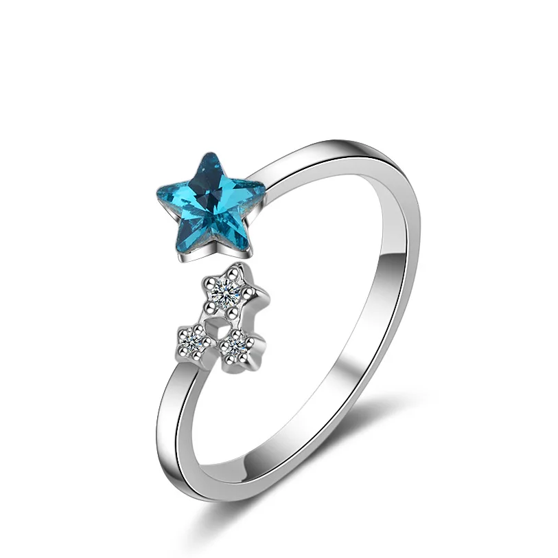 

100% 925 sterling silver shiny blue crystal star girls party ring women lady finger open rings no fade drop shipping wholesale