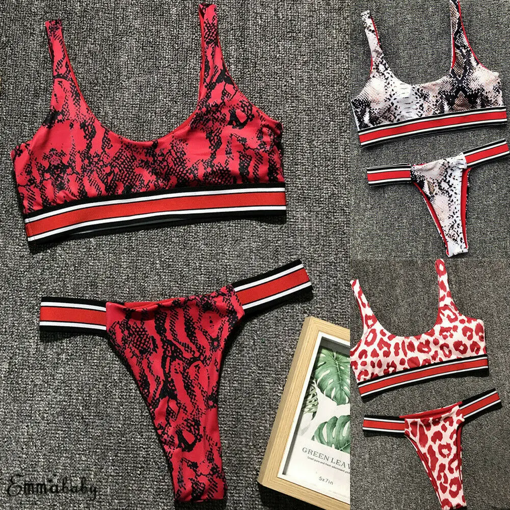Sexy Women Two Piece Bikini snakeskin leopard Thong Underwear Padded Push Up Tankini Swimsuit Bathing Suit Beach Bra Swimwear | Спорт и