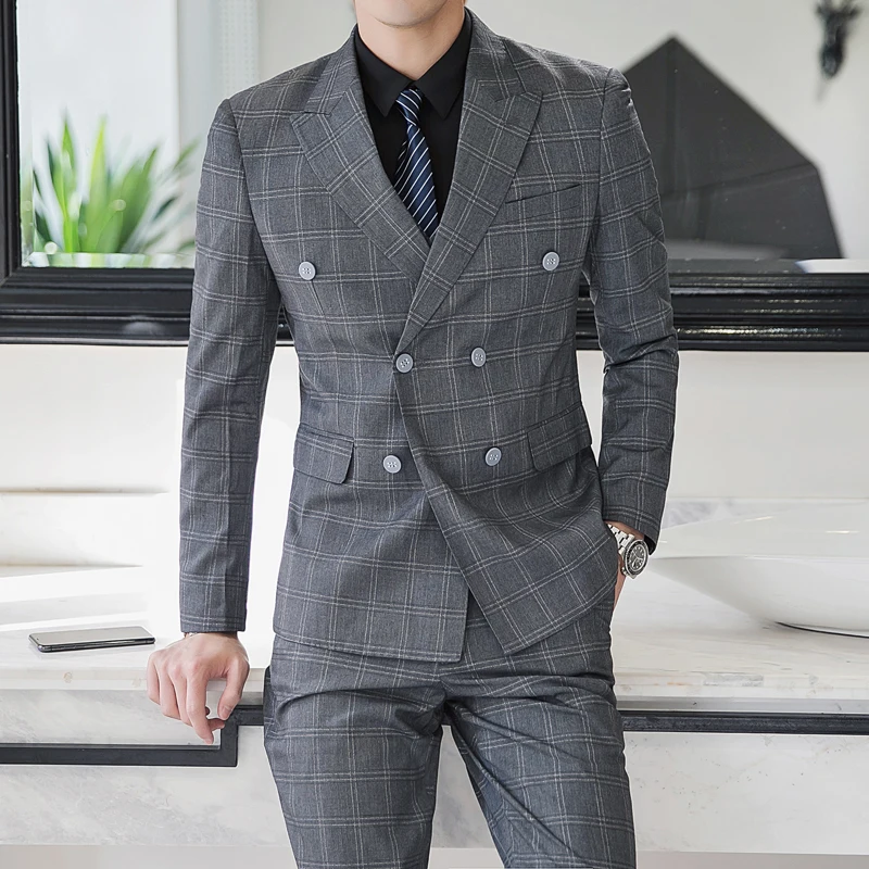 Модный мужской костюм (куртка + жилет брюки) серый клетчатый формальный для