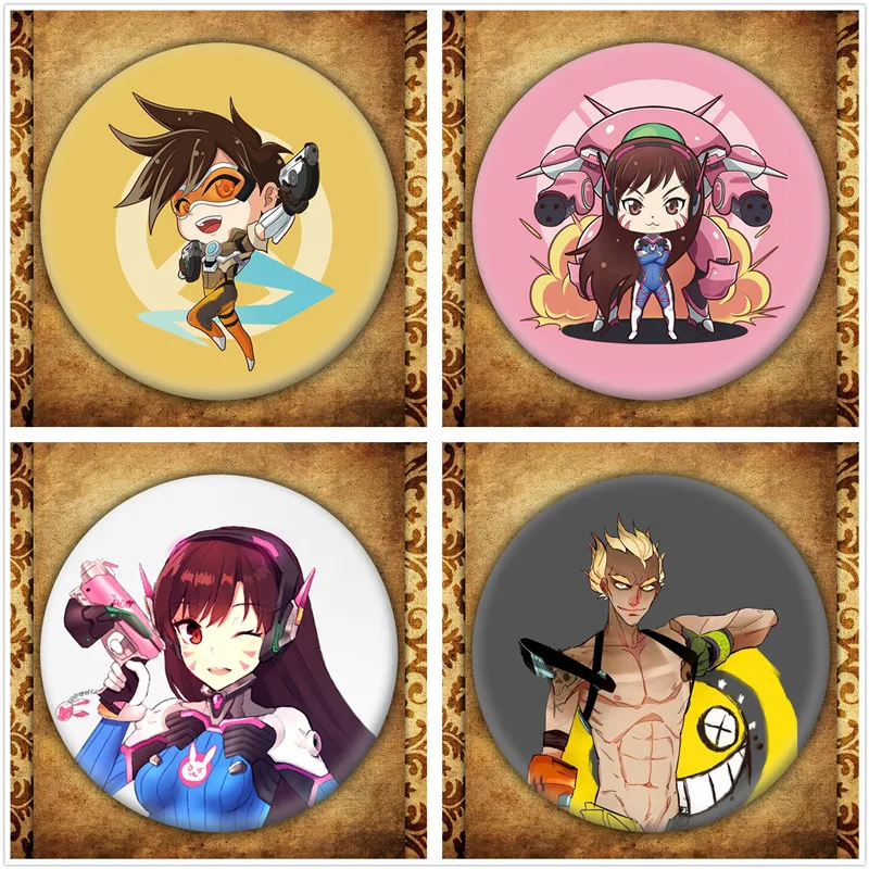 

FPS Game Overwatch Display Badge OW Figure D.va Hanzo Mei Tracer Reaper Round Tinplate Bag Clothes Brooches Pin Collection