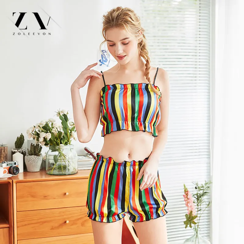 ZOLEEVON 3 Pcs Striped Sexy Women Pajama Sets Bra+Robe+Pant Female Pajamas vintage women robes rainbow | Женская одежда