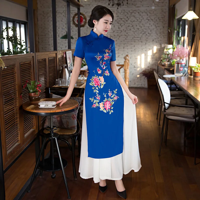 Синий Новый стиль аозай Винтаж этнические AoDai короткое китайское платье-Ципао с