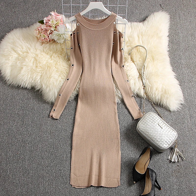 Женское вязаное платье ALPHALMODA с открытыми плечами и металлическими отверстиями