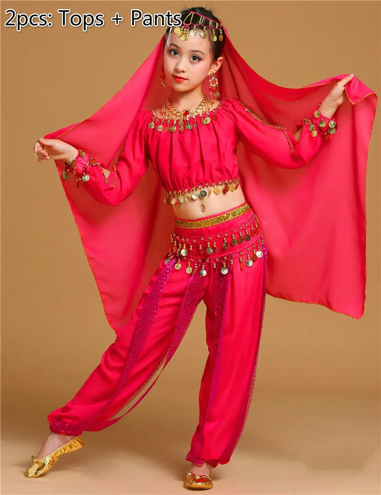 2pcs rose red Дети живота танцевальные костюмы для девушек индийский танец этап платье для сцены с длинным рукавом Восточная одежда детей болливудские танцы - Цвет: 2pcs rose red