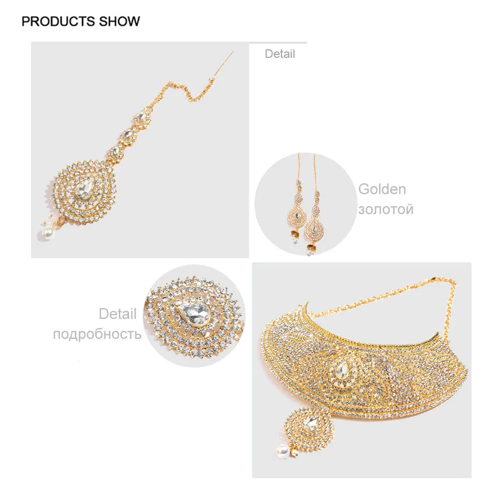JUST FEEL Dubai Crystal Gold Color Jewelry Sets African Wedding Bridal Imitation Pearl Water Drop New Necklace Earring Headdress | Украшения