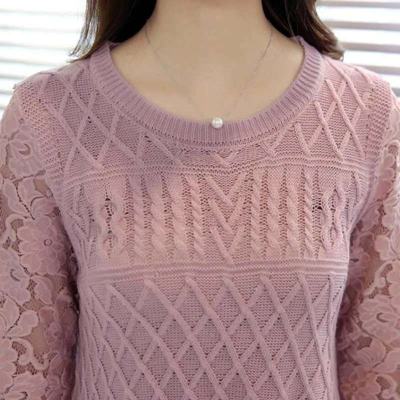 New 2018 Autumn winter Women Sweater Lace Patchwork Bottoming Shirt Fashion Long Sleeve O-neck Loose LY1305 | Женская одежда