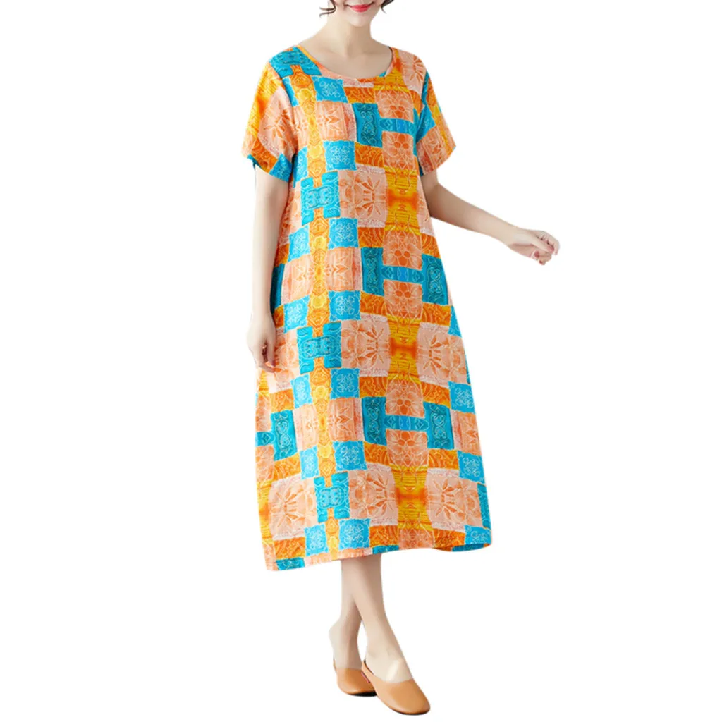 Женское винтажное платье до середины икры Повседневное с коротким рукавом и