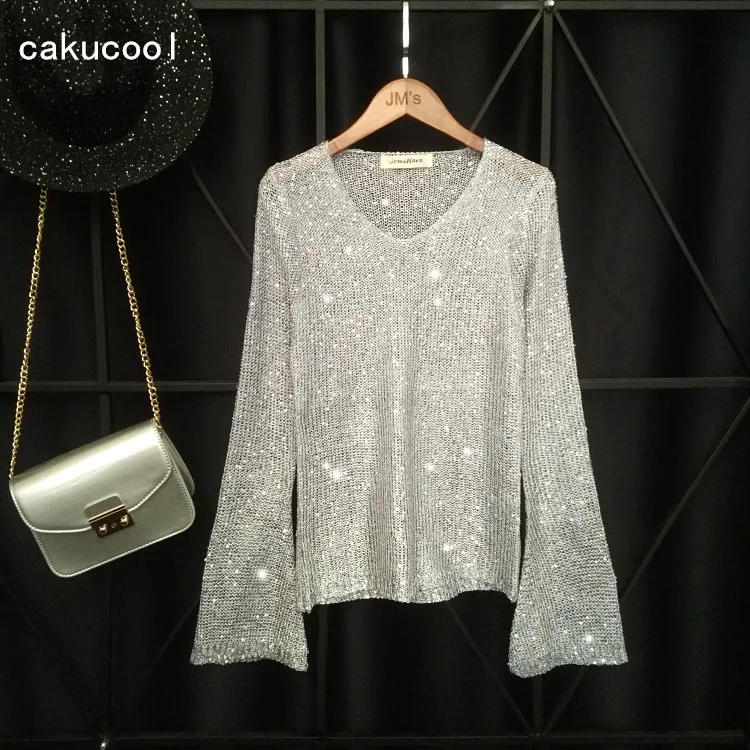 Женская футболка с длинными рукавами Cakucool блестящий серебристый Повседневный