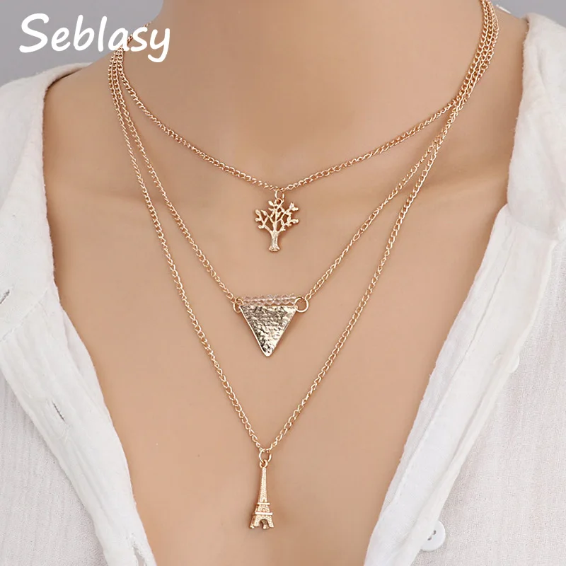 

Seblasy Simple Style 3 Layer Tree Beads Sequins Triangle Pendant Necklaces for Women Jewelry Eiffel Tower Clavicle Chain Jewelry