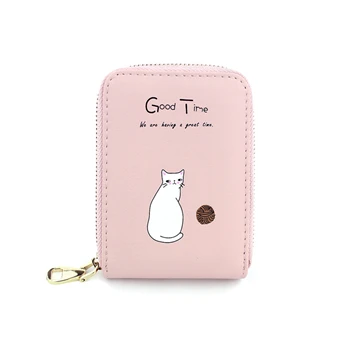 Pink WESTERN AUSPICIOUS Women Card Holder Pink Blue Green Black Beige PU Female Cardholder Zipper 9 Bits Credit/ID/Bank Card Holder - Color: Pink