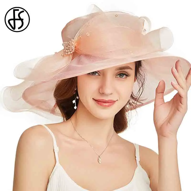 

FS 2023 Summer Organza Kentucky Hats For Women Large Wide Brim Church Hat Elegant Ladies Pink Purple Floppy Bow Sun Beach Cap