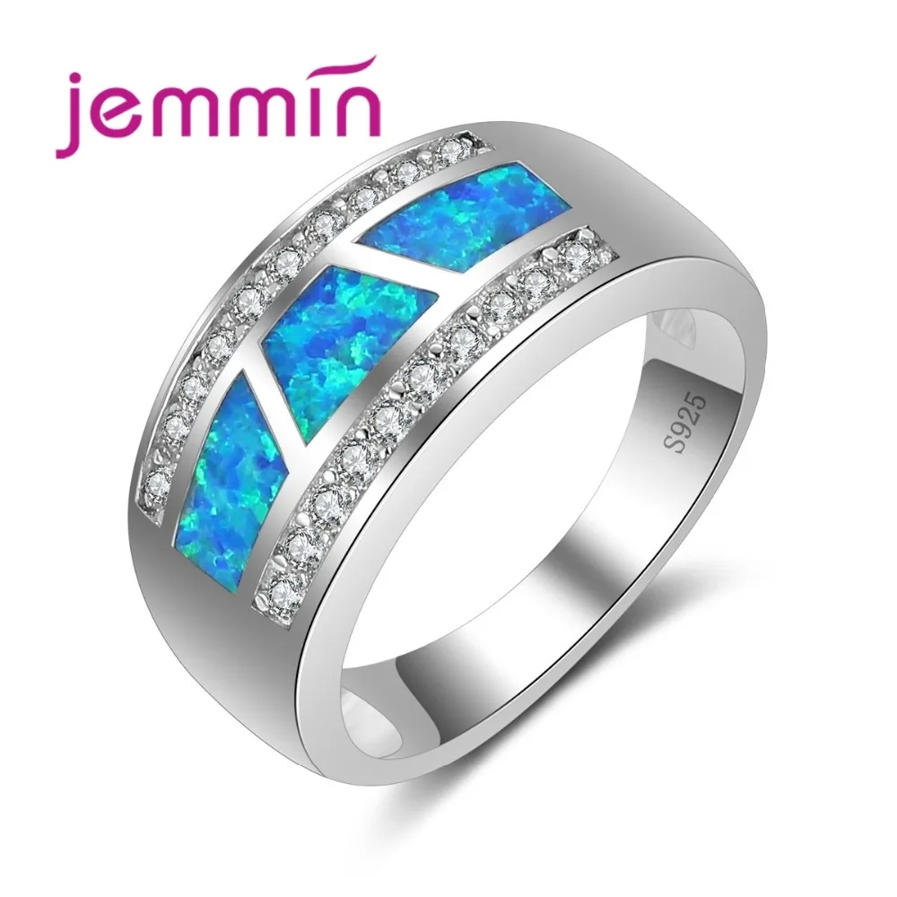 

Women ladies Wide Wedding Ring Micro Inlay White CZ Crystal Blue Fire Opal Silver Ring 925 Sterling Silver Bijoux