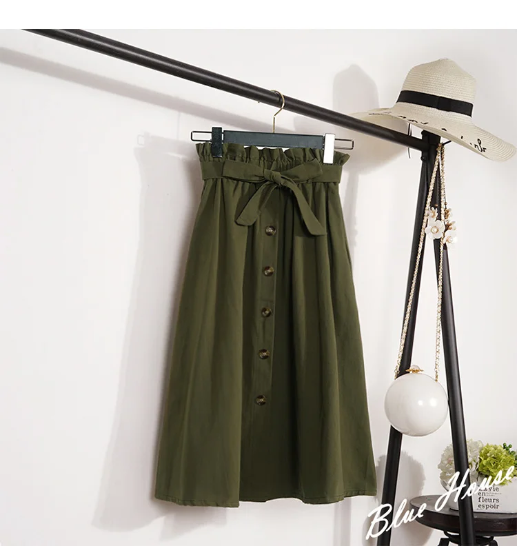 Army green Лето-осень, женские юбки, миди, длиной до колена, Корейская элегантная юбка на пуговицах с высокой талией, Женская плиссированная школьная юбка - Цвет: Army green