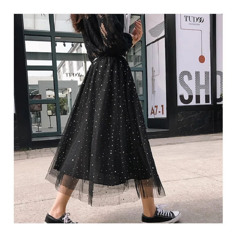 2019 NEW Women Pleated Skirts In Summer Star Sequined Tulle Skirt 3 layers Lurex High Waist A Line skirt | Женская одежда