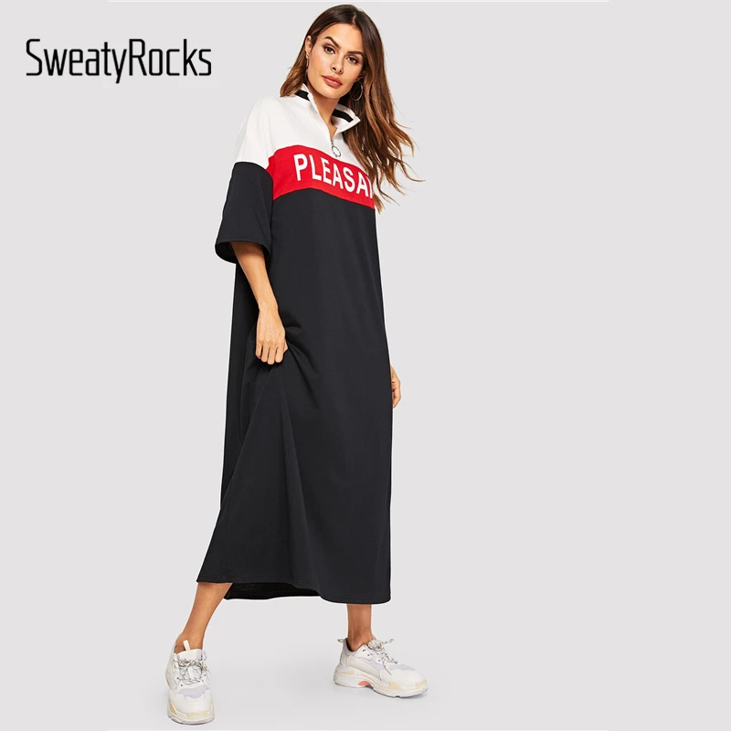 SweatyRocks, с буквенным принтом, цвет-блок, половинное платье с разрезом для женщин, лето, со стоячим воротником, платья для отдыха, Свободное длинное платье