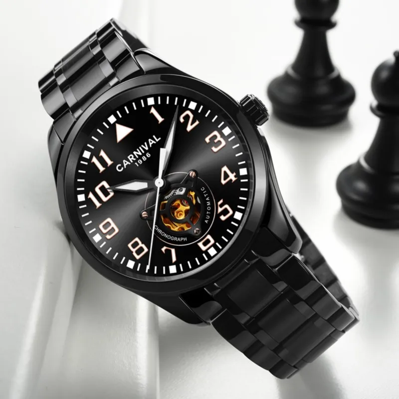 Ультратонкие автоматические часы топ бренд CARNIVAL Black Tourbillon механические из