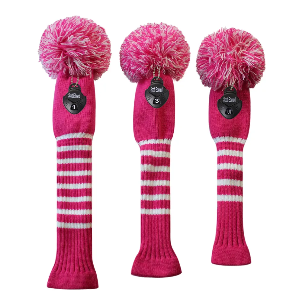 Набор из 3 вязаных головных уборов розового цвета для гольфа (460cc) фарватера и