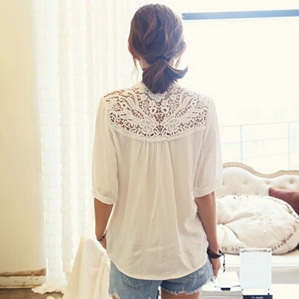Новая модная женская блузка с вырезами Кружевная туника топ v образным вырезом