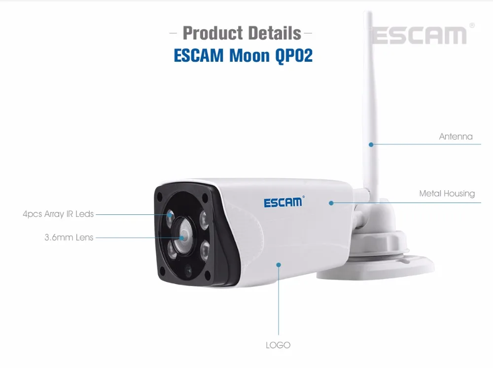 Escam Moon QP02 2MP HD 1080P Wi-Fi камера с сигнализацией, наружная цилиндрическая IR-Cut ip-камера с разрешением 180 градусов, поддержка Макс 64 ГБ, TF карта