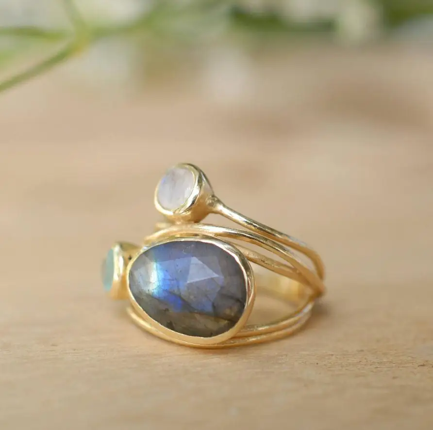 Кольца DoreenBeads уникальные золотистого цвета морской волны с синим жемчугом модные