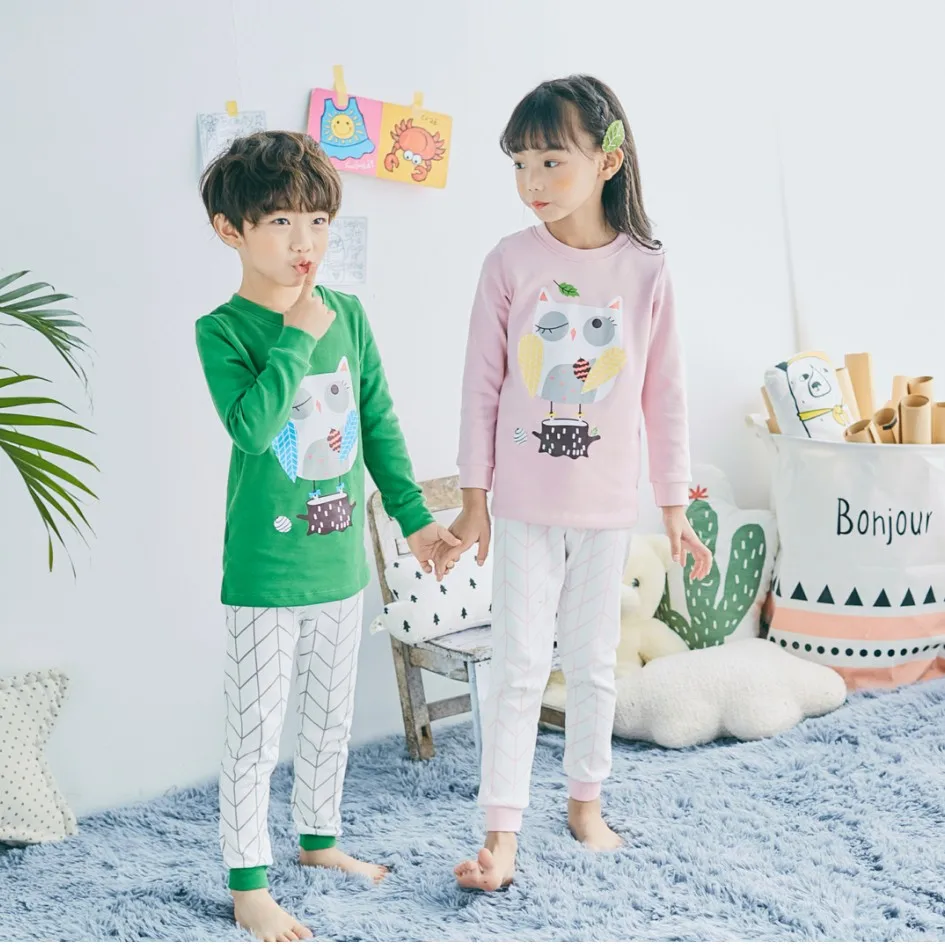 Пижамные комплекты в Корейском стиле с рисунком Совы 100% хлопок одежда для сна