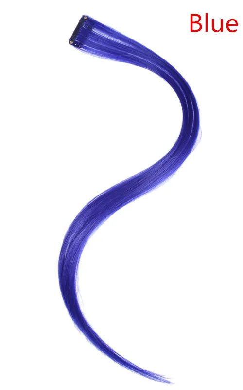 Blue 2" Длинные прямые поддельные цветные волосы для наращивания на заколках, яркие радужные волосы с полосками, розовые синтетические волосы с эффектом омбре, пряди на заколках - Цвет: Blue