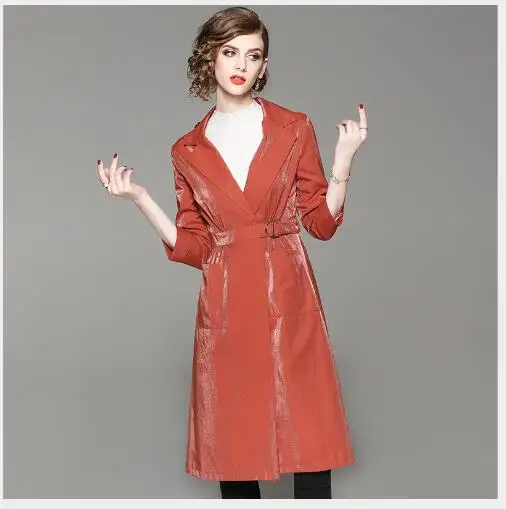 Для женщин Тренч 2018 Новый Осень Длинная Куртка с секциями Slim Fit однотонный плащ