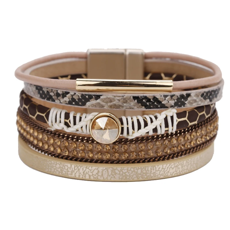 Amorcome Mulitlayer Leather Bracelets For Women Female Summer Trendy Design Metal Charm Wide Bracelets& Bangles Female Jewelry