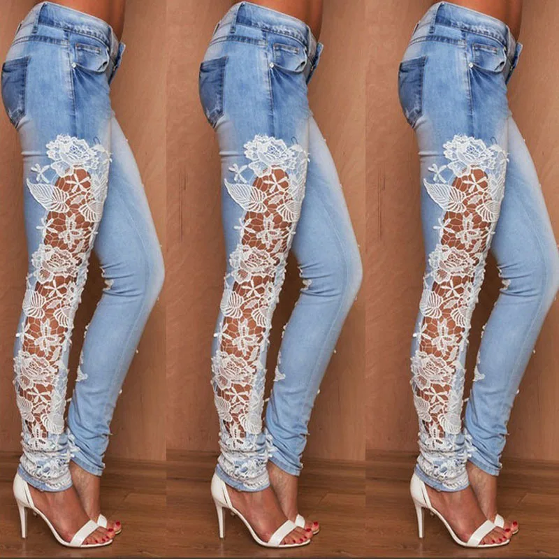 Для женщин Джинсы для с белым кружевное платье цветочным рисунком Boyfriend Denim