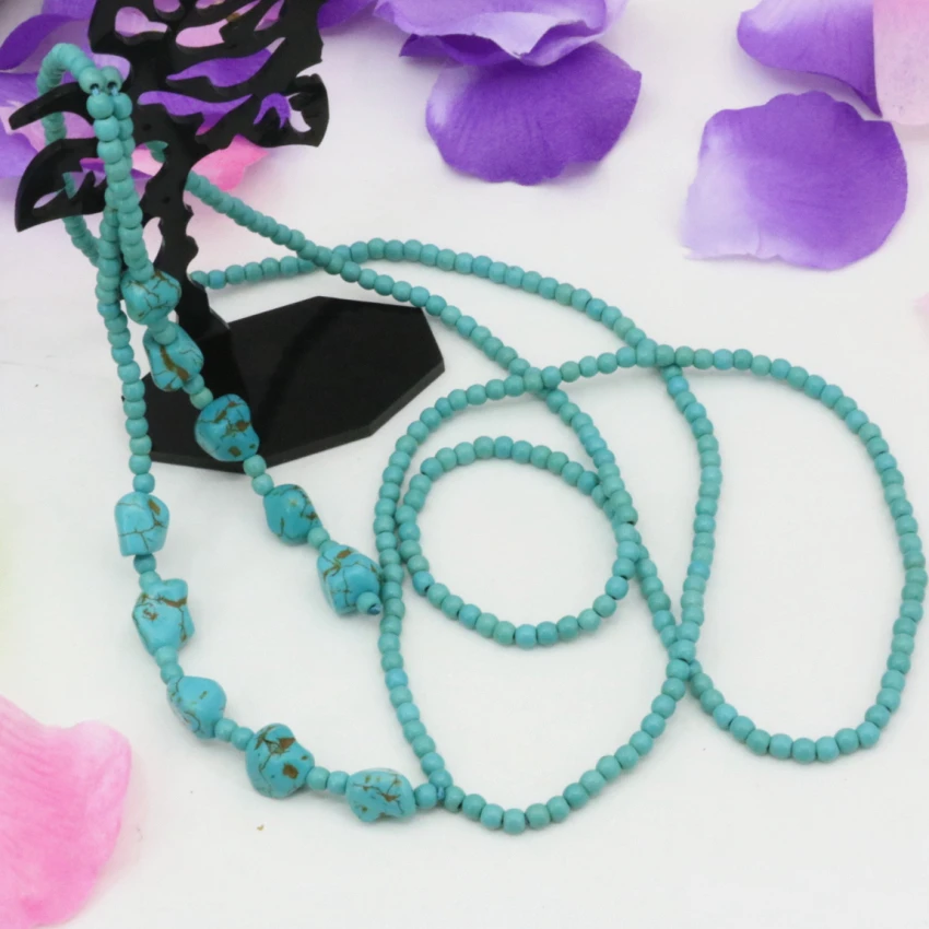 

Long chain necklace statement jewelry for women fashion vintage ethnic style Bohemia calaite 4mm round beads neck 50inch B3190