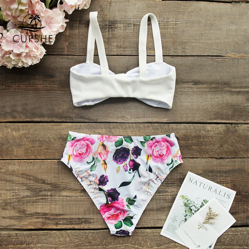CUPSHE Solid White And Floral Front-Knot High-Waisted Bikini Sets Swimsuit Two Pieces Swimwear Women Beach Bathing Suits