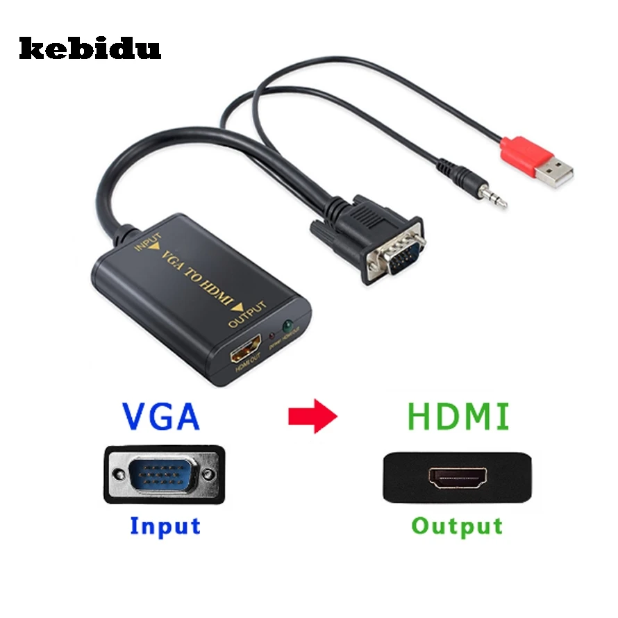 Переходник kebidu с VGA папа на HDMI разъем мама аудиовыход 1080P ТВ AV HD ПК видеокабель