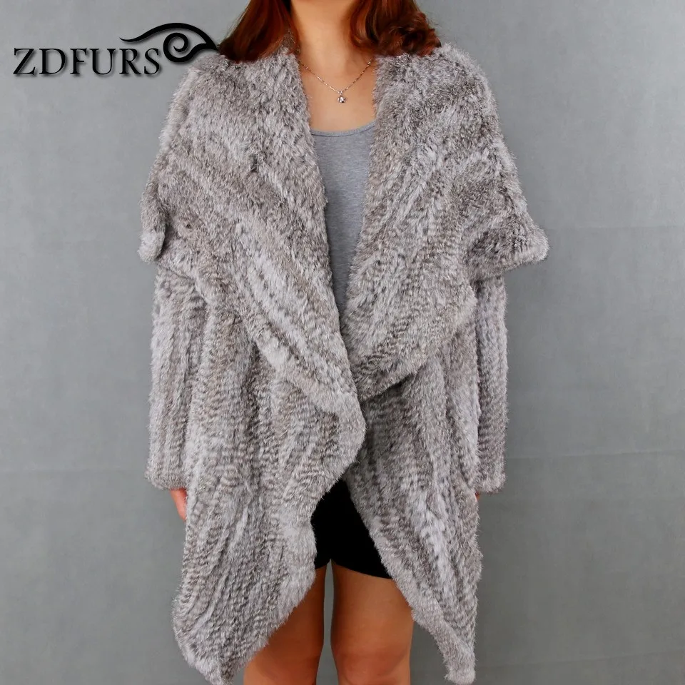 ZDFURS* Новая шуба из натурального кроличьего меха, Модный женский вязаный кроличий мех, куртка, зимняя теплая верхняя одежда из кроличьего меха, ZDKR-165003 - Цвет: Nature grey