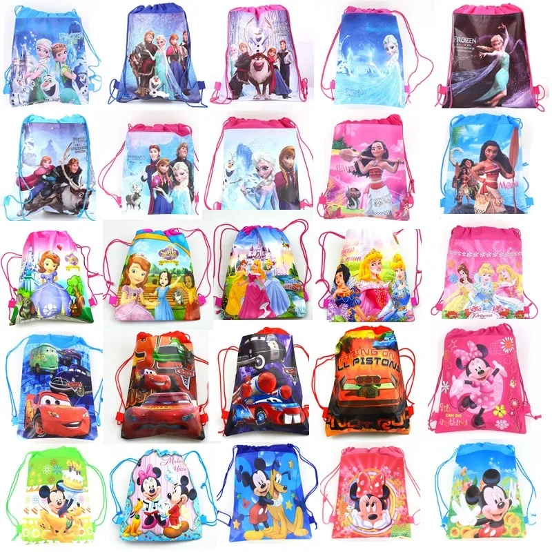 

Disney 10Pcs Frozen Moana Snow White Minnie Mickey Mouse Cars Princess Sofia Non-woven Fabrics Drawstring Backpack Shopping Bag