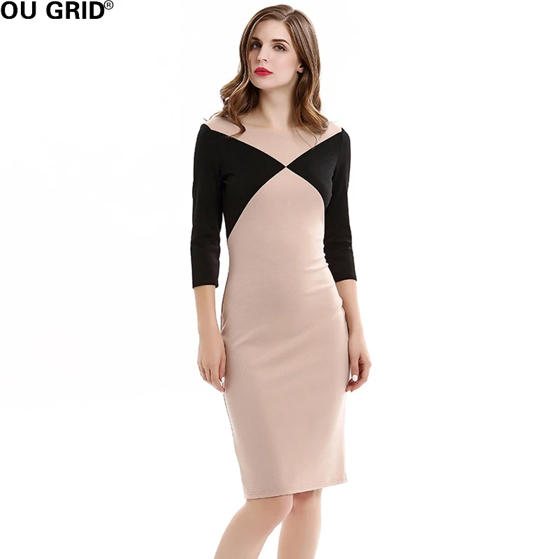 Для женщин офисные рабочие платье Лето 2017 г. Цвет блок патч работы три четверти