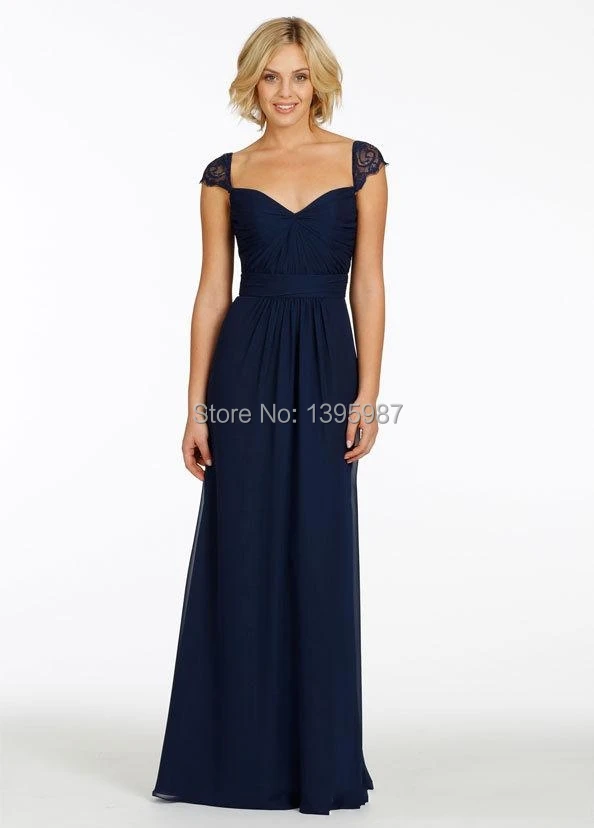 

2015 New Collection Long Bridesmaid Dress Navy Blue Chiffon Lace Cap Sleeves Floor Length Backless Maid of Honor Dresses XA041