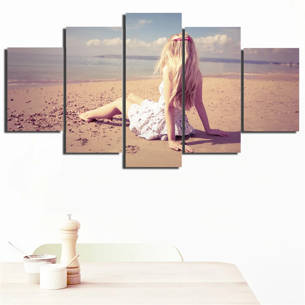 Hot Frameless Canvas Painting Girl on The Beach Modular Landscape Poster Figure Art Wall Sticker Home Decoration 5pcs | Дом и сад
