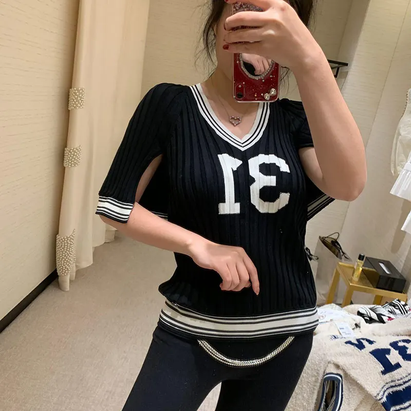 Женская трикотажная футболка в полоску с v образным вырезом красные топы белого и